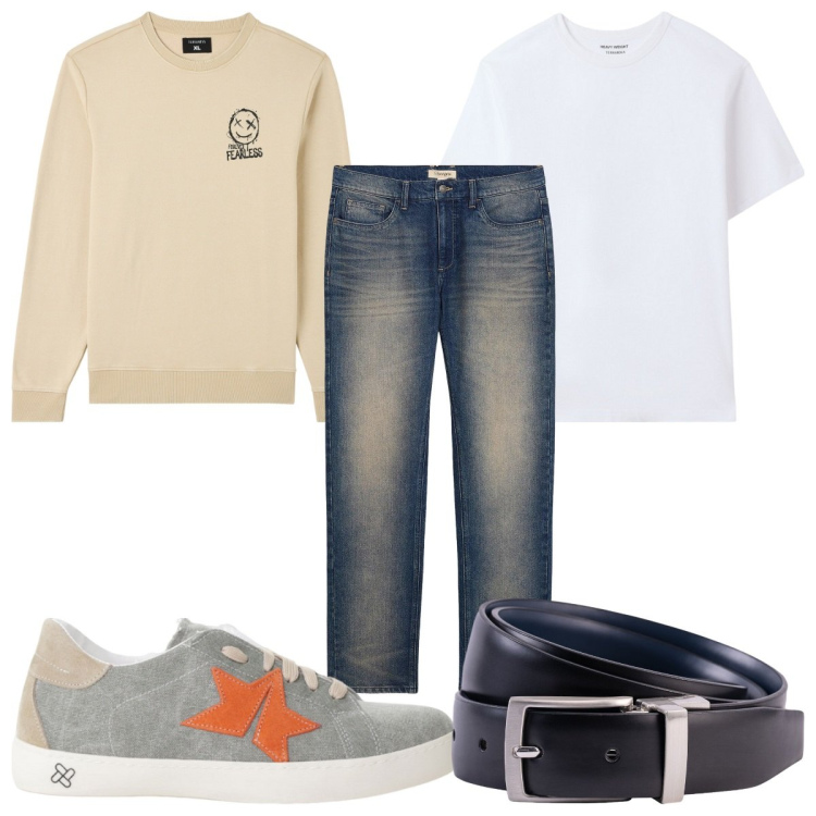 Outfit uomo - Total look #2231494. Stile Trendy per Tutti i giorni. Abbinamento con jeans dritti, felpe, t-shirt, sneakers, cinture.