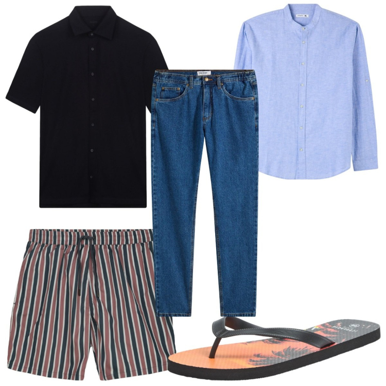 Outfit uomo - Total look #2231500. Stile Trendy per Mare. Abbinamento con jeans dritti, camicie, sandali, polo, costumi.
