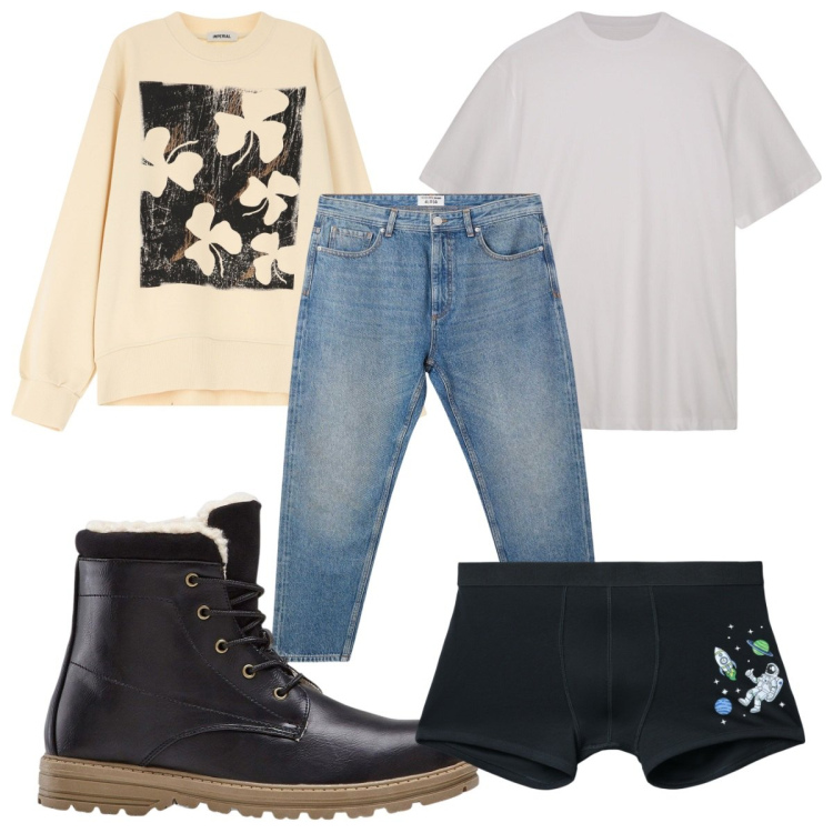 Outfit uomo - Total look #2231507. Stile Casual per Tutti i giorni. Abbinamento con stivali e stivaletti, jeans, boxer, felpe, t-shirt.