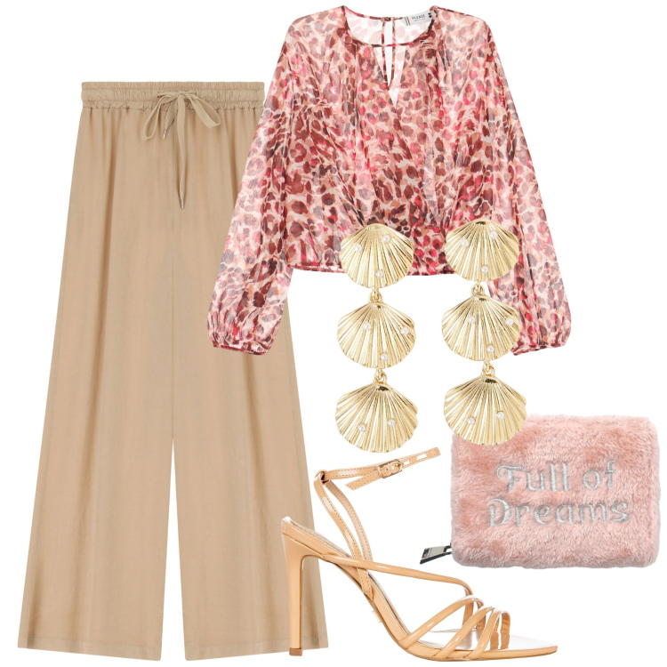 Outfit donna - Mai senza orecchini. Stile Chic per Serata fuori. Abbinamento con orecchini, portafogli, sandali col tacco, pantaloni a palazzo, bluse.
