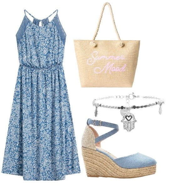 Outfit donna - Total look #2231514. Stile Romantica per Ufficio. Abbinamento con vestiti, sandali, borse tote, braccialetti.