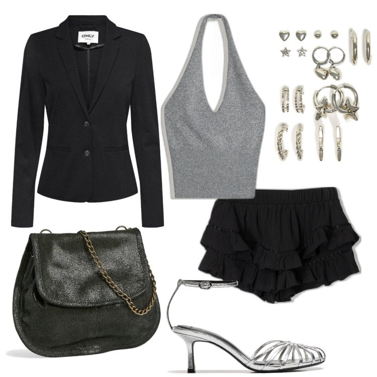 Outfit mujer - Sexy #883. Estilo Sexy para Noche/Fiesta elegante. Combinación con blazers, bolsos de mano, sandalias de tacón, pendientes, faldas, top.