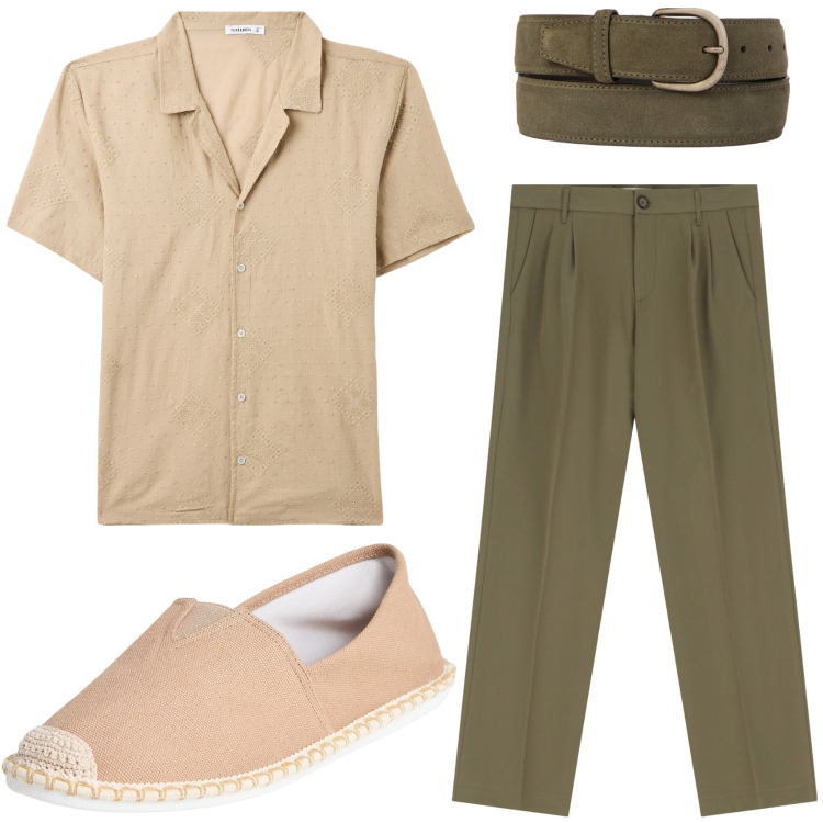 Outfit uomo - Aperitivo al tramonto. Stile Urban per Serata speciale. Abbinamento con espadrillas, camicie a manica corta, pantaloni, cinture.