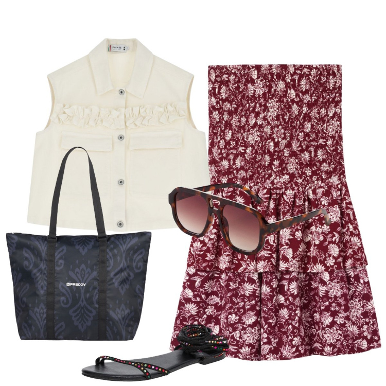 Outfit donna - In città. Stile Minimal per Tutti i giorni. Abbinamento con occhiali da sole, vestiti corti, sandali alla schiava, gilet, shopping bag.