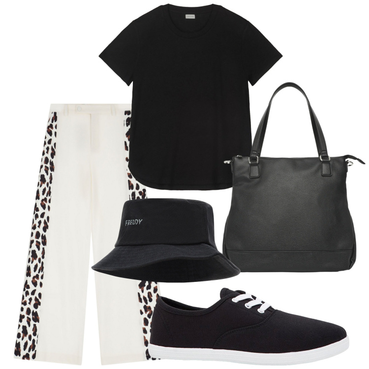 Outfit donna - Un pantalone maculato. Stile Casual per Tutti i giorni. Abbinamento con sneakers, shopping bag, pantaloni a palazzo, cappelli, t-shirt.