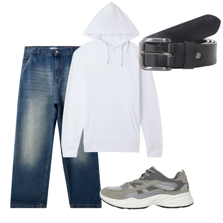 Outfit uomo - Con la felpa. Stile Urban per Tutti i giorni. Abbinamento con felpe con cappuccio, sneakers, jeans, cinture.