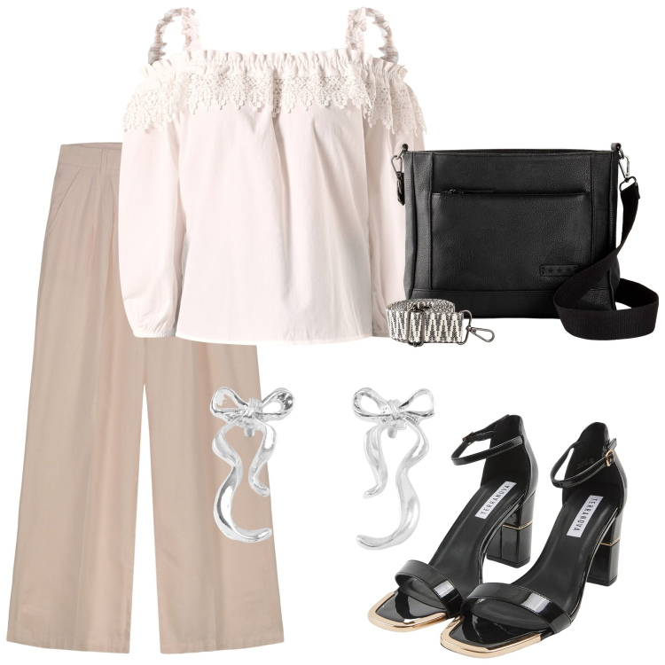 Outfit donna - Mai senza orecchini. Stile Casual per Tutti i giorni. Abbinamento con borse a tracolla, orecchini, sabot, bluse, pantaloni.