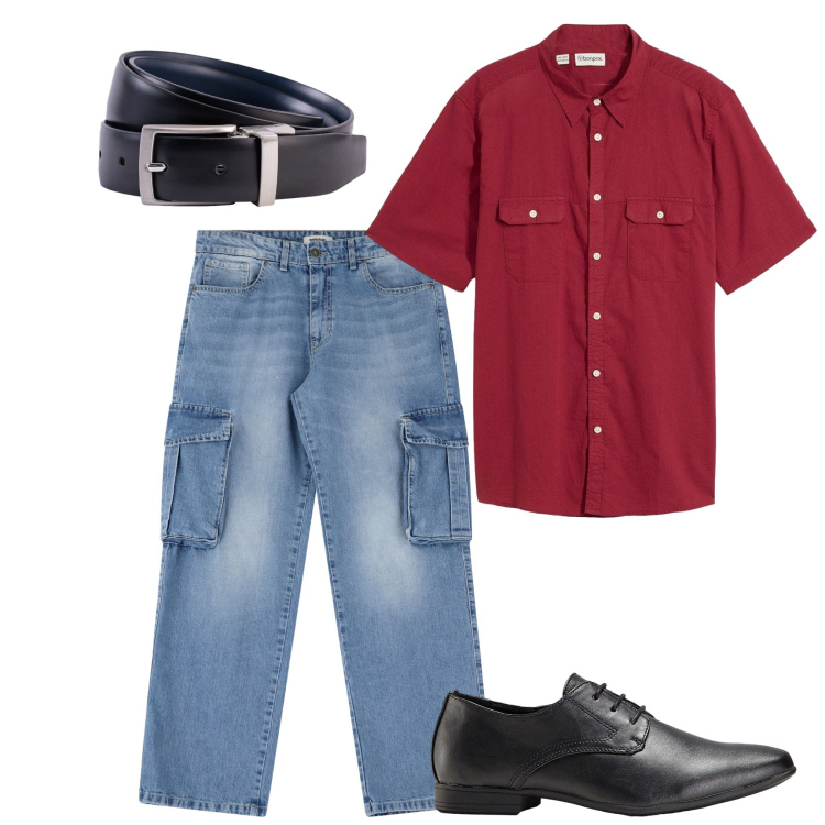 Outfit uomo - La camicia rossa. Stile Casual per Tutti i giorni. Abbinamento con scarpe stringate, camicie a manica corta, jeans, cinture.
