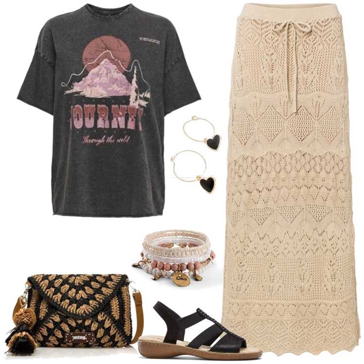 Outfit femme - Charlotte. Style Boho pour Tous les jours. Assortir avec sandales en cuir, jupes, bracelets, hauts, sacs en bandoulière, boucles d'oreilles.