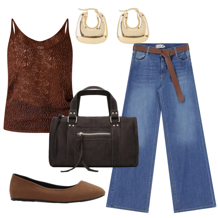 Outfit donna - Orecchini minimal. Stile Casual per Tutti i giorni. Abbinamento con orecchini, ballerine, borse a mano, top, jeans.
