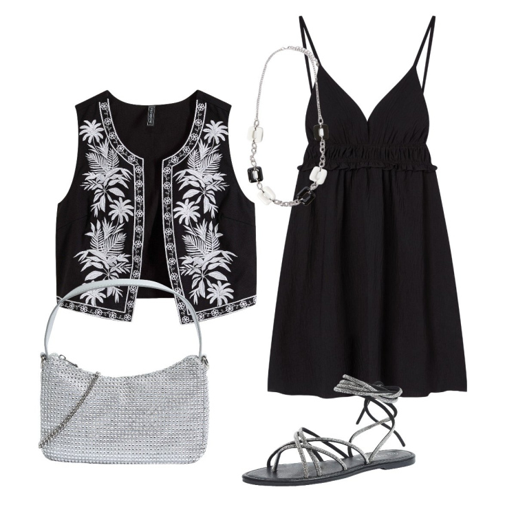 Outfit donna - Gilet Bonprix per la serata. Stile Glamour per Serata fuori. Abbinamento con gilet, borse a tracolla, vestiti corti, sandali alla schiava, collane.