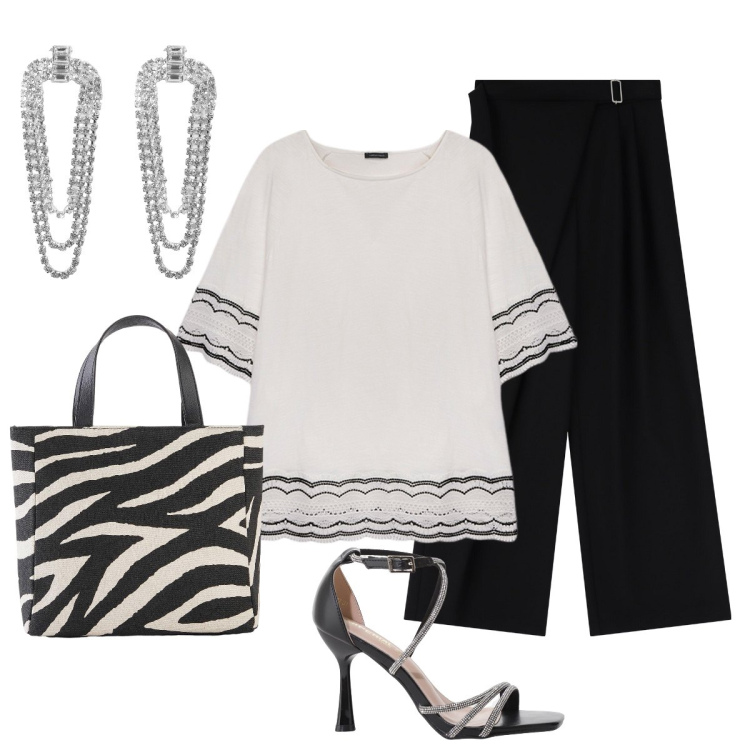 Outfit donna - Serata con le amiche. Stile Glamour per Serata fuori. Abbinamento con borse a mano, orecchini, sandali col tacco, pantaloni a palazzo, bluse.