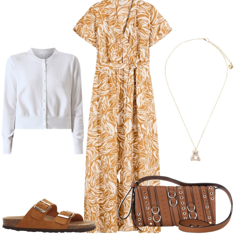 Outfit donna - Total look #2231557. Stile Bon Ton per Tutti i giorni. Abbinamento con vestiti lunghi, ciabatte, cardigans, borse a spalla, ciondoli.