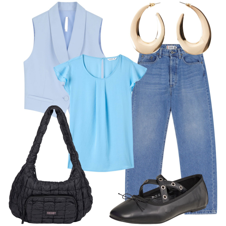 Outfit donna - Tocco di luce dorata al lavoro. Stile Urban per Ufficio. Abbinamento con orecchini, bluse, ballerine, jeans, gilet, borse a spalla.