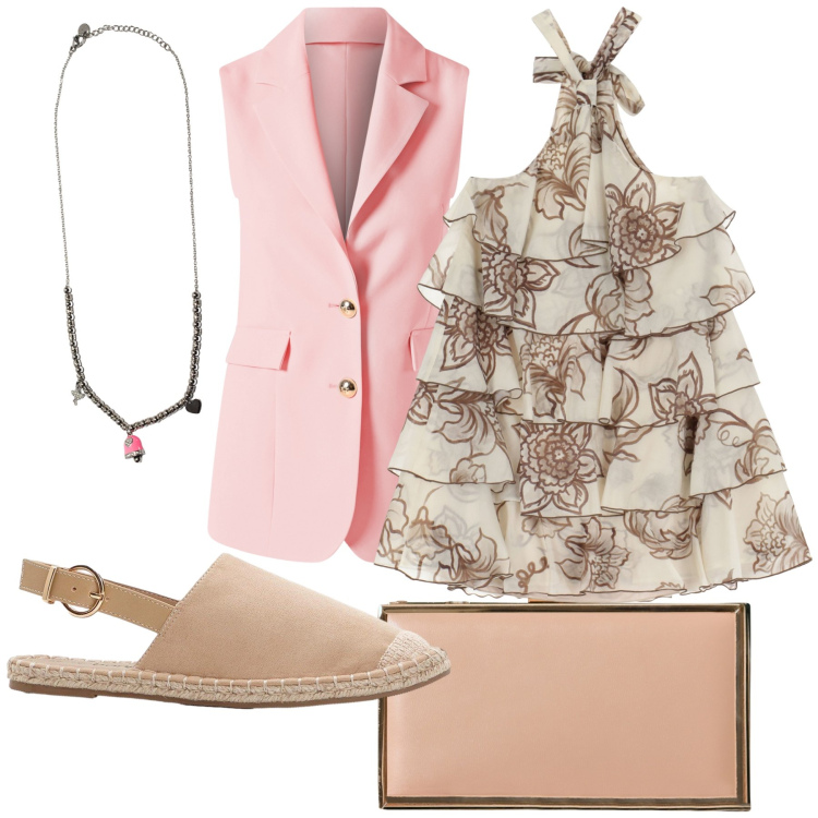 Outfit donna - Inaspettato gilet rosa. Stile Glamour per Serata fuori. Abbinamento con espadrillas, pochette, gilet, vestiti corti, ciondoli.