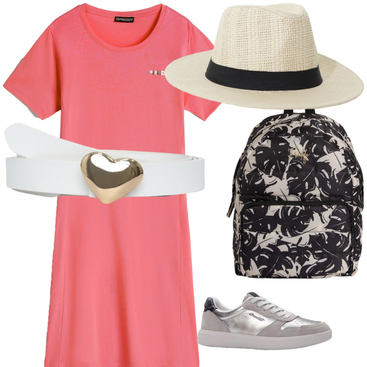 Outfit donna - Per i vicoli del paesino. Stile Trendy per Tutti i giorni. Abbinamento con sneakers, cinture, cappelli, vestiti corti, zaini.