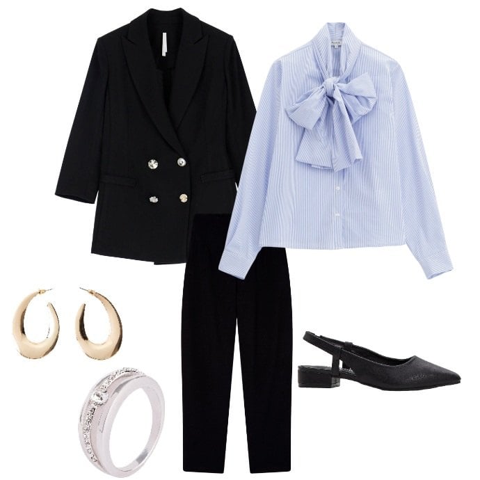 Outfit donna - Back to work. Stile Casual per Ufficio. Abbinamento con décolleté, anelli, orecchini, pantaloni chino, camicie, blazer.
