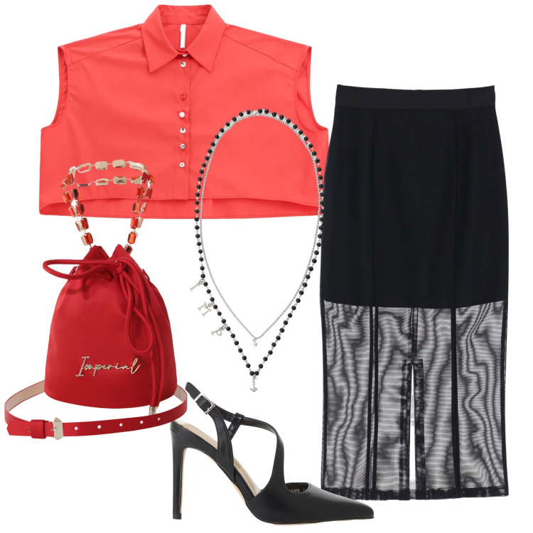 Outfit donna - Imperial aperitivo all arancia. Stile Glamour per Serata fuori. Abbinamento con borse a secchiello, décolleté, camicie, collane, gonne.