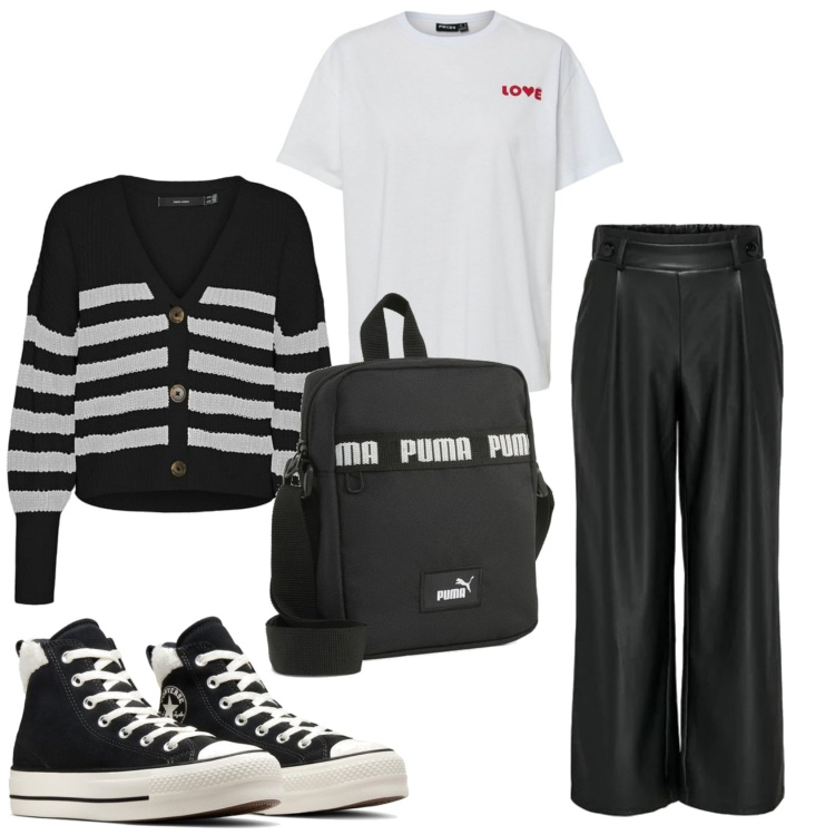 Outfit mujer - Casual look. Estilo Casual para Todos los días. Combinación con pantalones, cárdigans, bandoleras, sneakers, camiseta.