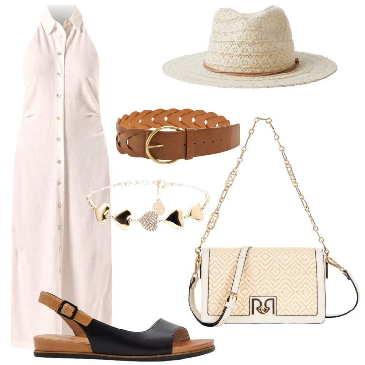 Outfit donna - Giornata in un borgo estivo. Stile Casual chic per Tutti i giorni. Abbinamento con sandali, cappelli, cinture, vestiti chemisier, borse a tracolla, braccialetti.