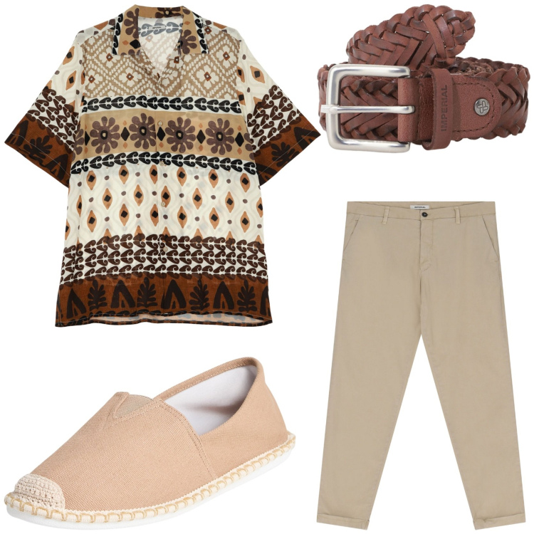 Outfit uomo - Aperitivo serale. Stile Trendy per Tutti i giorni. Abbinamento con espadrillas, pantaloni chino, cinture, camicie a manica corta.