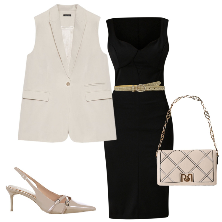 Outfit donna - Gilet lungo. Stile Chic per Serata fuori. Abbinamento con cinture, vestiti a tubino, borse a tracolla, décolleté, gilet.