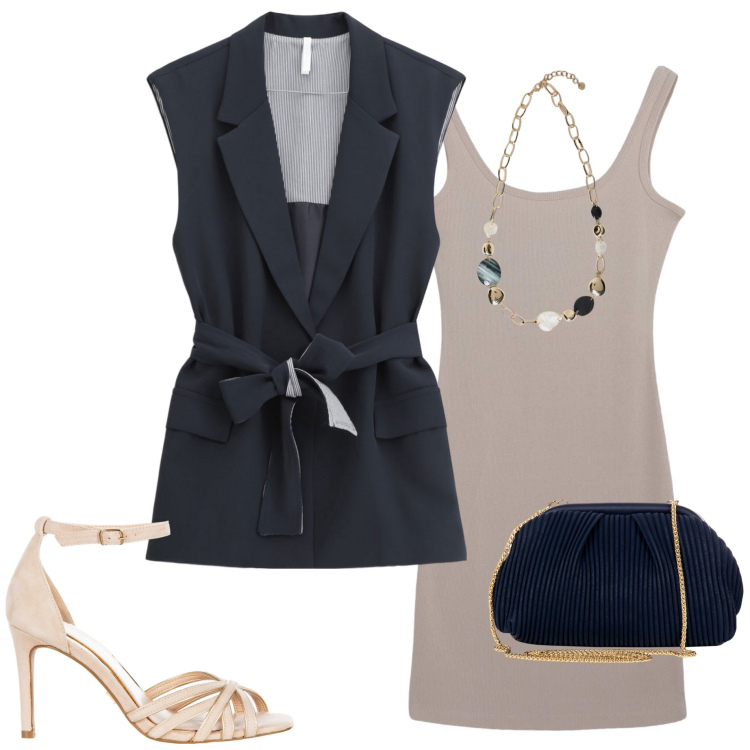 Outfit donna - Gilet lungo. Stile Casual chic per Serata fuori. Abbinamento con vestiti, sandali col tacco, pochette, gilet, collane.