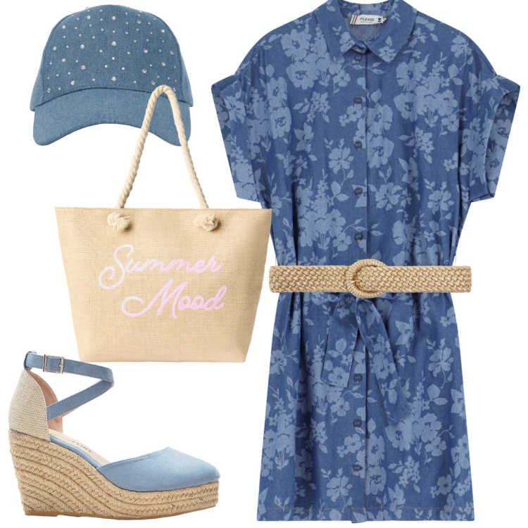 Outfit donna - Visitando i borghi. Stile Casual chic per Tutti i giorni. Abbinamento con sandali, cappelli, cinture, borse tote, vestiti corti.