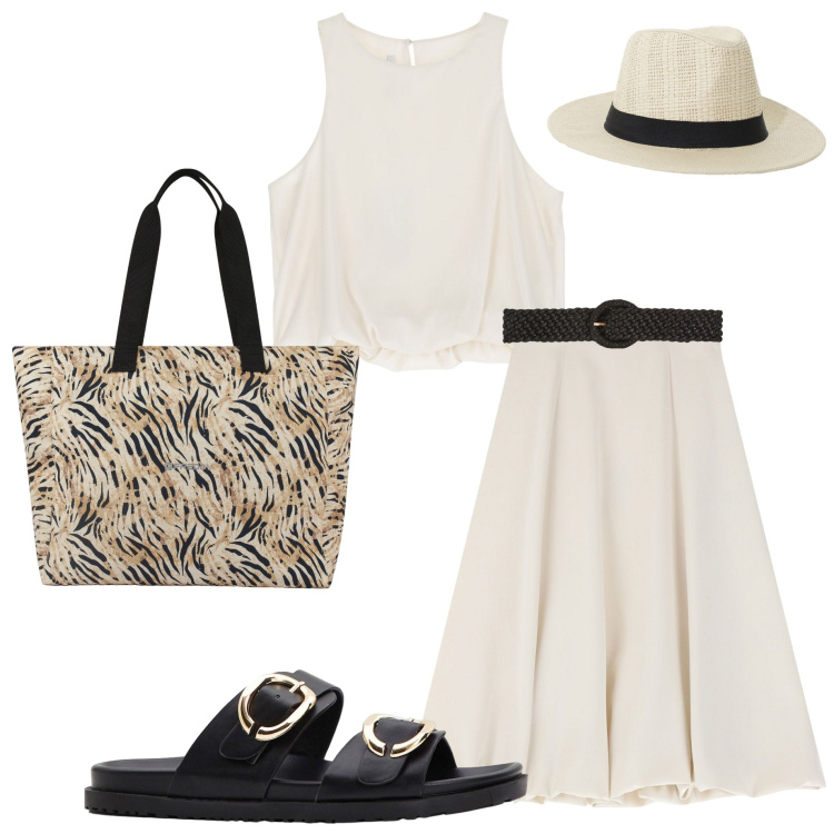 Outfit donna - Visitando borghi. Stile Boho per Tutti i giorni. Abbinamento con ciabatte, cinture, gonne longuette, cappelli, top, shopping bag.