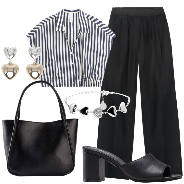 Outfit donna - Camicetta a righe per l\'ufficio. Stile Casual chic per Ufficio. Abbinamento con ciabatte, shopping bag, orecchini, camicie a manica corta, braccialetti, pantaloni.