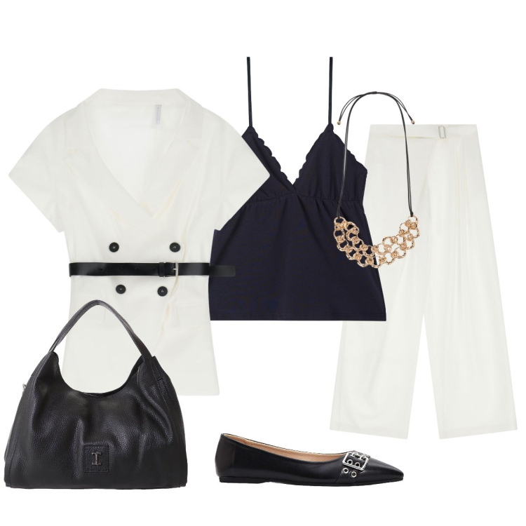 Outfit donna - Bianco e nero sinonimo di eleganza. Stile Chic per Serata fuori. Abbinamento con ballerine, canottiere, blazer, pochette, pantaloni a palazzo, collane.