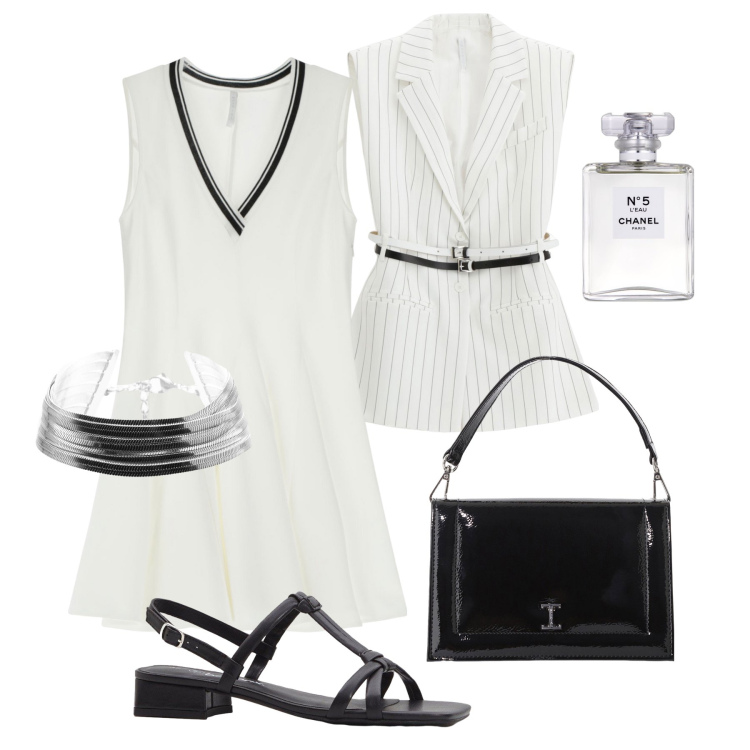 Outfit donna - Gilet lungo e mini abito di sera. Stile Trendy per Serata fuori. Abbinamento con sandali col tacco, profumi, vestiti corti, borse a tracolla, gilet, braccialetti.