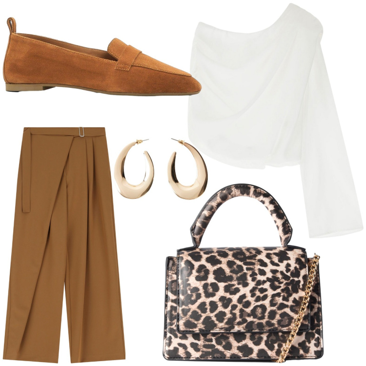 Outfit donna - Mai senza orecchini. Stile Chic per Serata fuori. Abbinamento con orecchini, mocassini, borse a tracolla, pantaloni a palazzo, bluse.