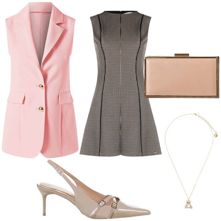 Outfit donna - Gilet lungo su abiti corti. Stile Minimal per Serata fuori. Abbinamento con vestiti corti, pochette, décolleté, gilet, ciondoli.