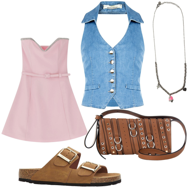 Outfit donna - Gilet lungo su abiti corti. Stile Romantica per Serata fuori. Abbinamento con ciabatte, borse a spalla, gilet, vestiti corti, ciondoli.