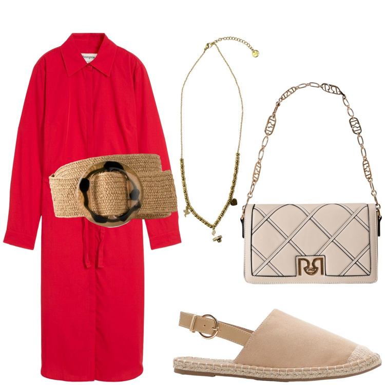Outfit donna - Giornata in un borgo estivo. Stile Minimal per Tutti i giorni. Abbinamento con cinture, espadrillas, vestiti chemisier, borse a tracolla, ciondoli.