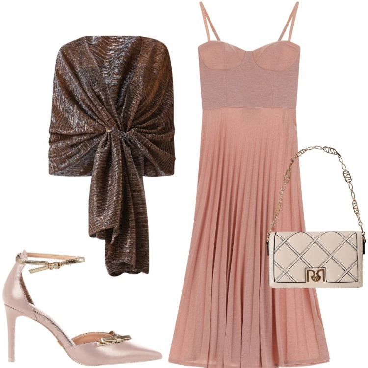 Outfit donna - Cerimonia di sera. Stile Chic per Cerimonia. Abbinamento con stole, décolleté, borse a tracolla, vestiti midi/longuette.