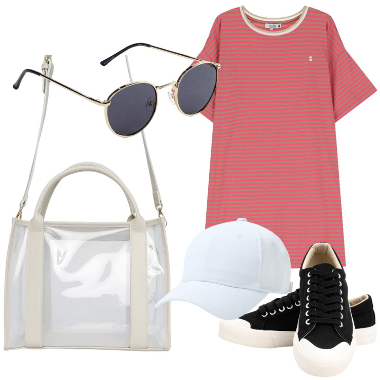 Outfit donna - Giornata dedicata in piscina. Stile Casual per Mare. Abbinamento con occhiali da sole, borse tote, cappelli, vestiti corti, sneakers.