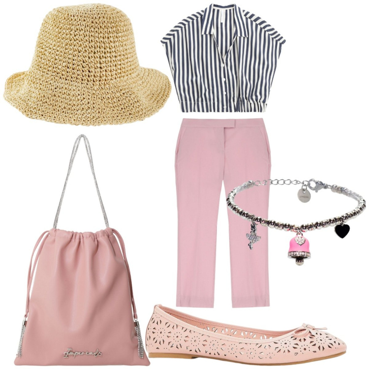 Outfit donna - Giornata dedicata al museo. Stile Casual per Serata fuori. Abbinamento con ballerine, cappelli, borse a secchiello, camicie a manica corta, pantaloni, braccialetti.
