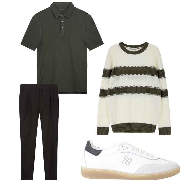 Outfit uomo - Oggi cosi. Stile Casual per Tutti i giorni. Abbinamento con maglieria, sneakers, pantaloni, polo.