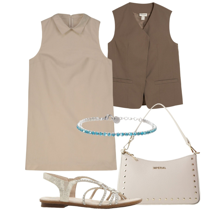 Outfit donna - Gilet lungo & mini abito city time. Stile Minimal per Tutti i giorni. Abbinamento con gilet, sandali, borse a spalla, braccialetti, vestiti a tubino.