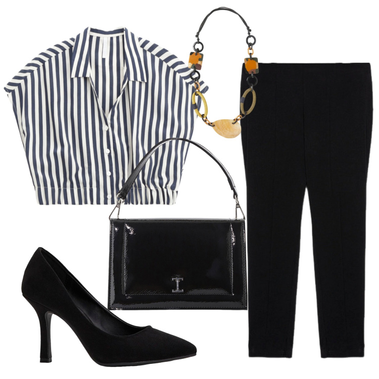 Outfit donna - A righe e nero. Stile Trendy per Tutti i giorni. Abbinamento con décolleté, camicie a manica corta, borse a tracolla, pantaloni skinny, collane.