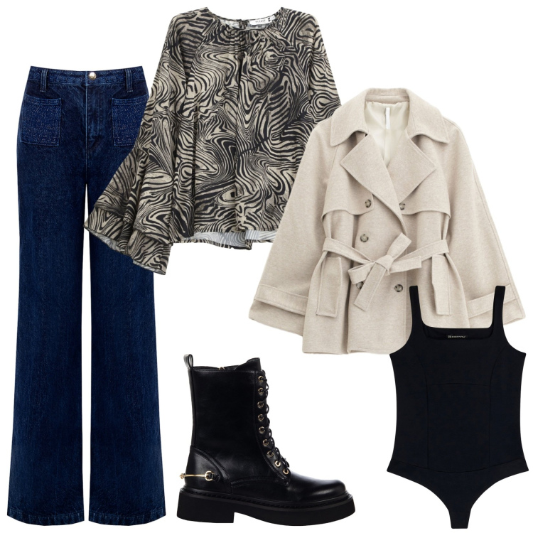 Outfit donna - City break. Stile Casual chic per Tutti i giorni. Abbinamento con jeans, anfibi, camicie, trench, body.