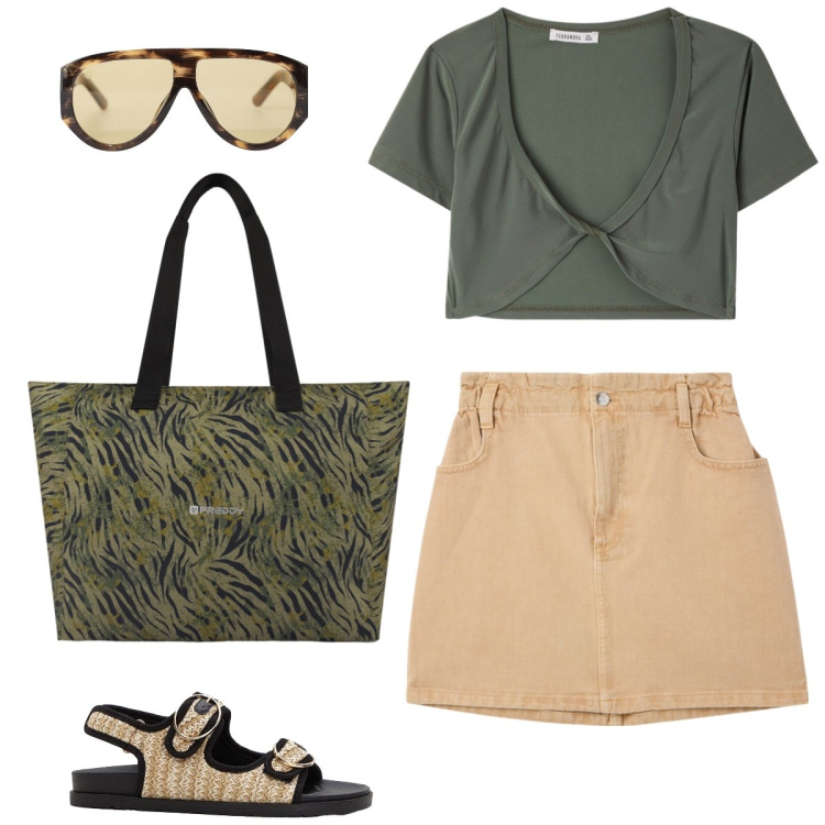 Outfit donna - In vacanza. Stile Casual per Tutti i giorni. Abbinamento con sandali, top, minigonne, occhiali da sole, shopping bag.