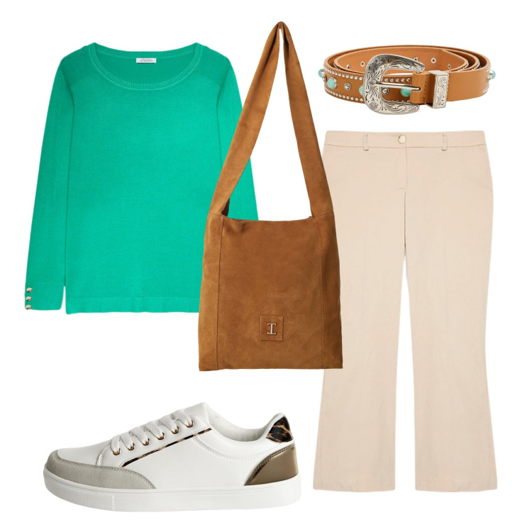 Outfit donna - In giro tranquilla. Stile Casual per Tutti i giorni. Abbinamento con sneakers, cinture, borse a tracolla, maglieria, pantaloni.