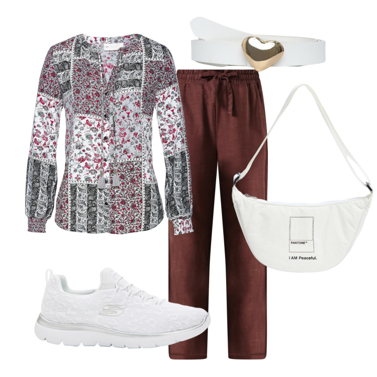 Outfit donna - In giro tranquilla 3. Stile Casual per Tutti i giorni. Abbinamento con bluse, sneakers, marsupi, cinture, pantaloni a palazzo.
