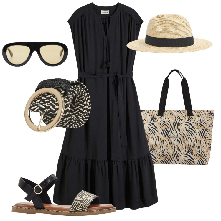 Outfit donna - Una gita estiva tra i borghi. Stile Trendy per Tutti i giorni. Abbinamento con vestiti chemisier, sandali, cappelli, cinture, occhiali da sole, shopping bag.