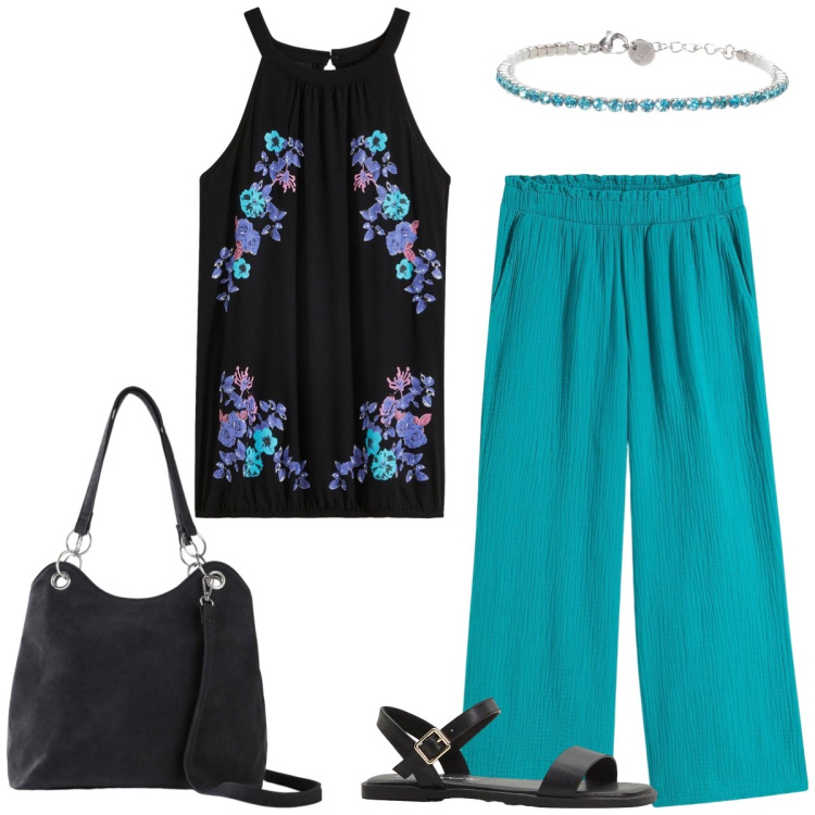Outfit donna - Turchese. Stile Casual per Tutti i giorni. Abbinamento con top, pantaloni culotte, borse a mano, sandali, braccialetti.