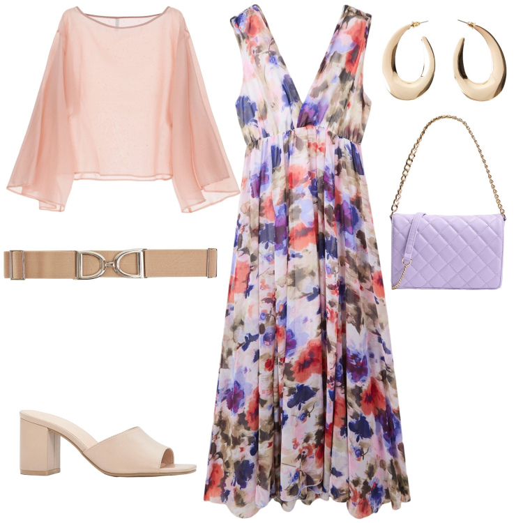 Outfit donna - Una festa in spiaggia. Stile Romantica per Serata fuori. Abbinamento con orecchini, sandali col tacco, vestiti lunghi, cinture, borse a tracolla, bluse.