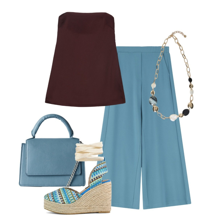 Outfit donna - Il potere del turchese. Stile Chic per Tutti i giorni. Abbinamento con borse a tracolla, pantaloni, top, zeppe, collane.
